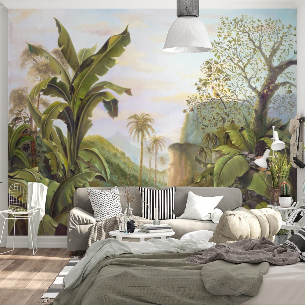 Panoramik Tropikal Orman ve Puslu Dağ Manzaralı Duvar Kağıdı