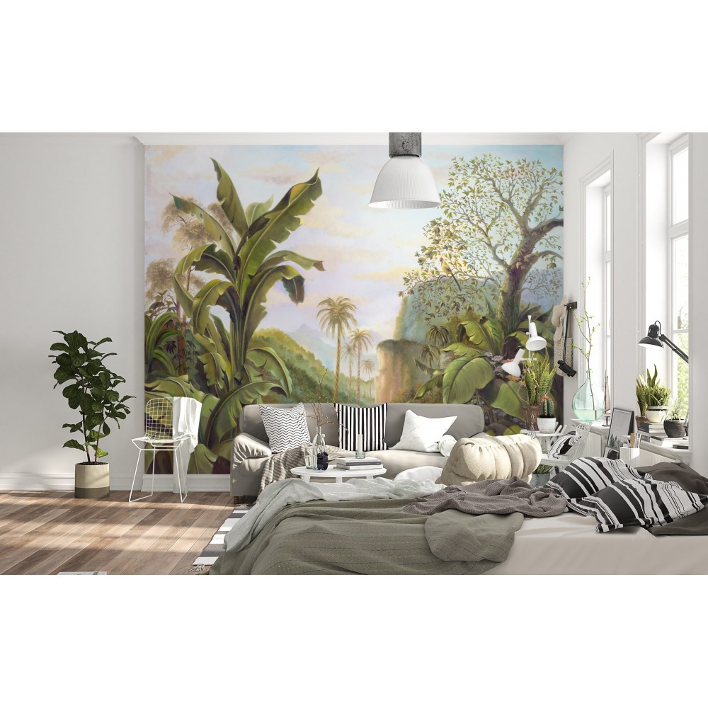 Panoramik Tropikal Orman ve Puslu Dağ Manzaralı Duvar Kağıdı
