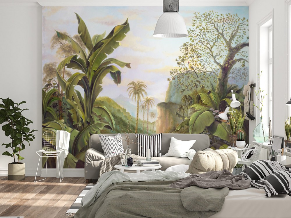 Panoramik Tropikal Orman ve Puslu Dağ Manzaralı Duvar Kağıdı