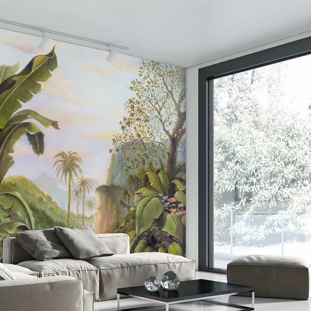 Panoramik Tropikal Orman ve Puslu Dağ Manzaralı Duvar Kağıdı