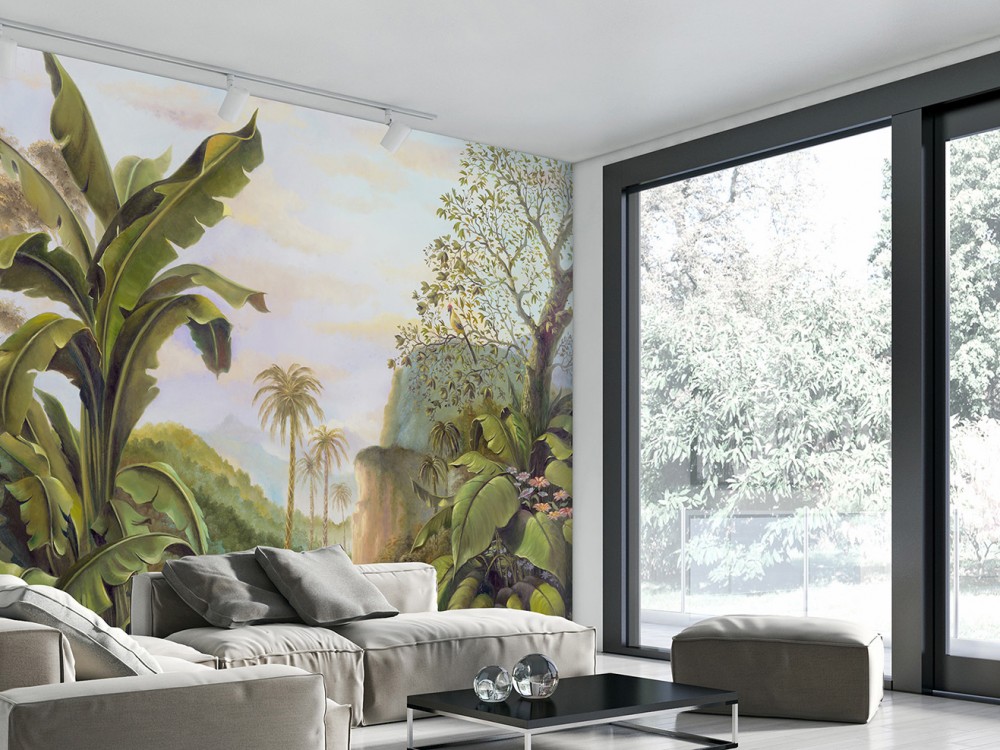 Panoramik Tropikal Orman ve Puslu Dağ Manzaralı Duvar Kağıdı