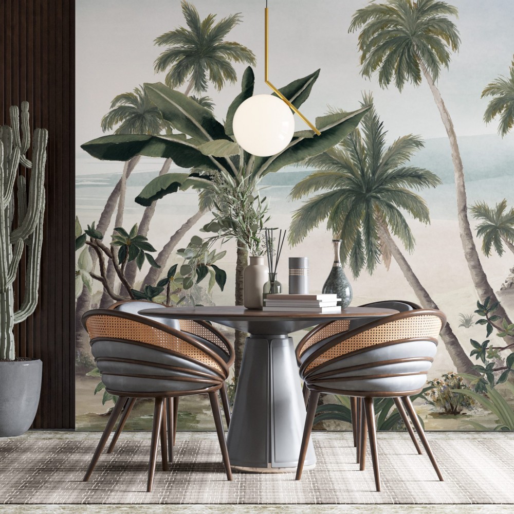 Vintage Tropikal Sahil ve Palmiye Ağaçları Tasarım Duvar Kağıdı