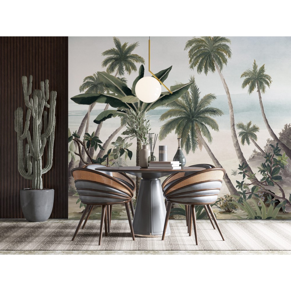 Vintage Tropikal Sahil ve Palmiye Ağaçları Tasarım Duvar Kağıdı