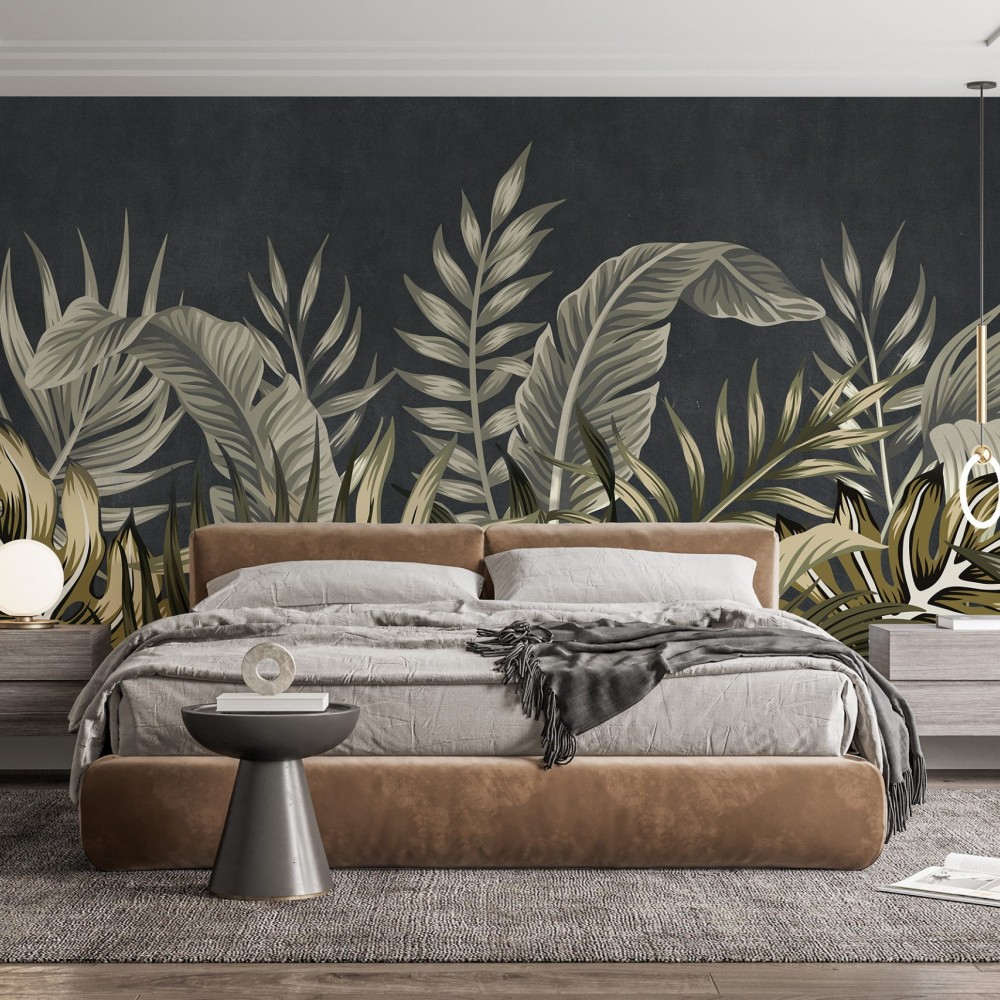 Antrasit Zeminli ve Zeytin Yeşili Tropikal Yaprak Duvar Kağıdı