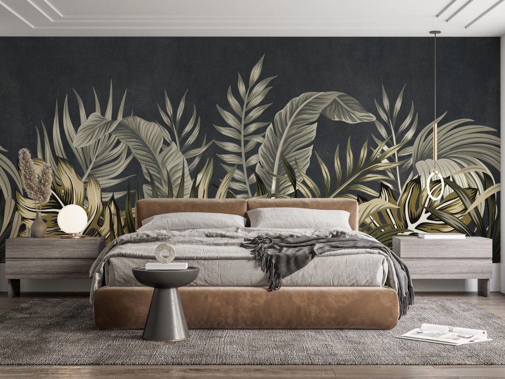 Antrasit Zeminli ve Zeytin Yeşili Tropikal Yaprak Duvar Kağıdı