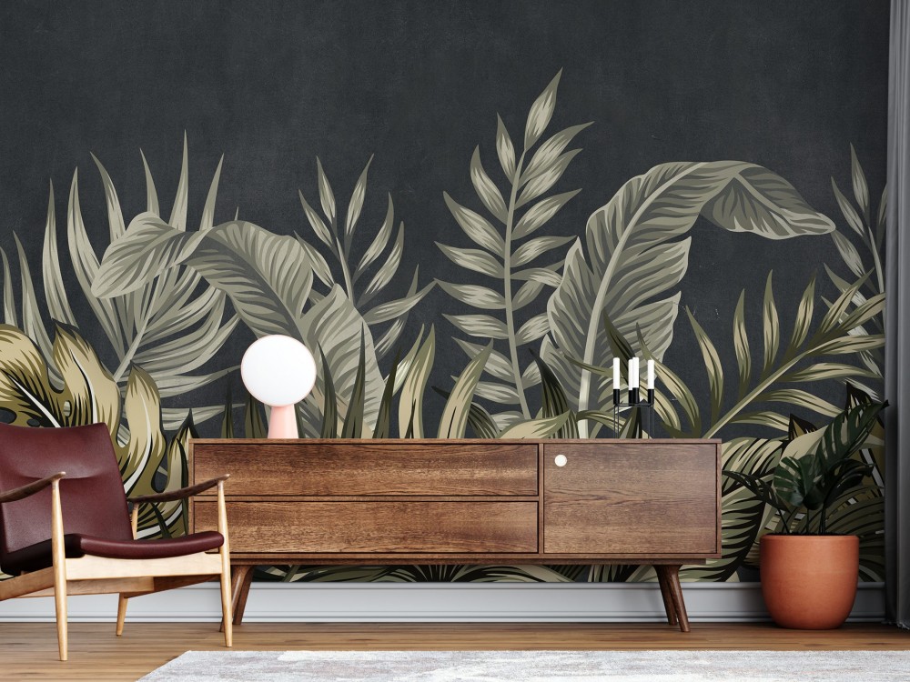 Antrasit Zeminli ve Zeytin Yeşili Tropikal Yaprak Duvar Kağıdı