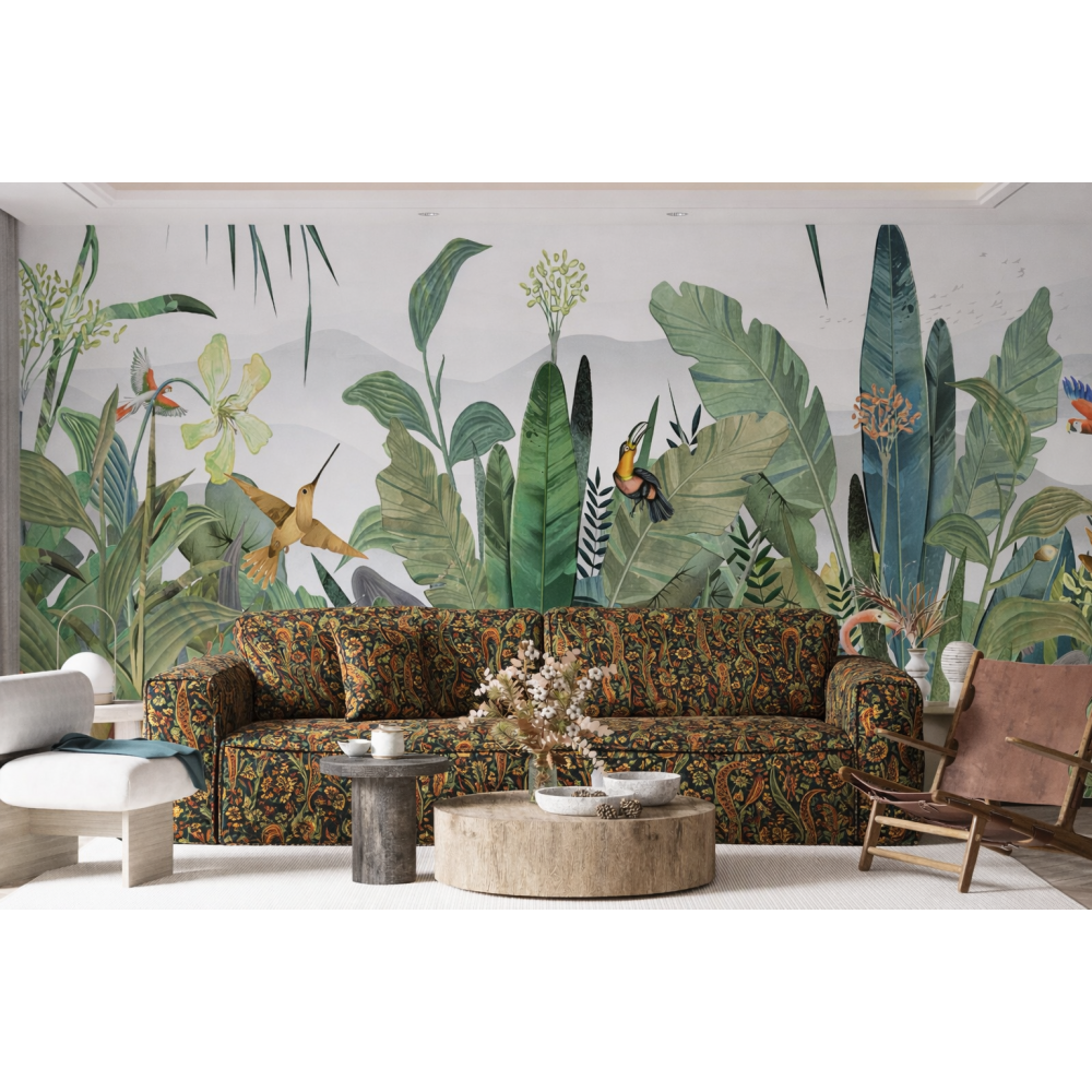 Kolibri, Papağan ve Tukanlı Dev Botanik Duvar Kağıdı