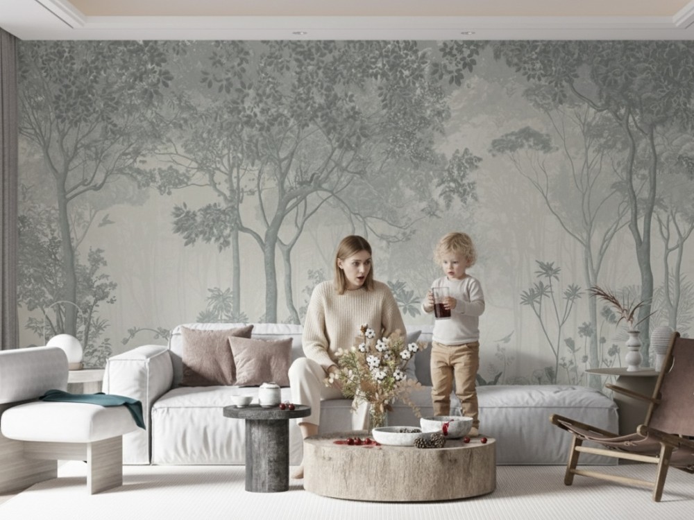 Mistik Gri Tonlu Derin Orman ve Tropikal Doğa Manzaralı Duvar Kağıdı