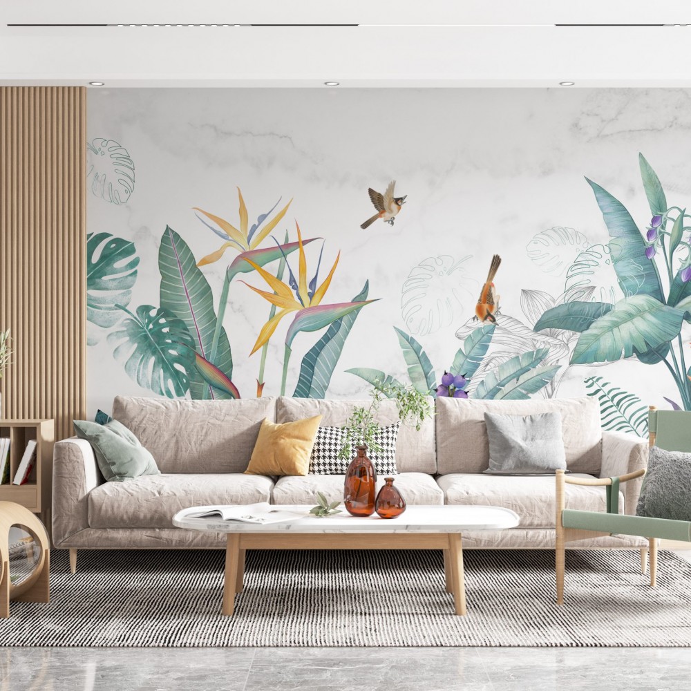 Beyaz Mermer Zeminli ve Renkli Egzotik Bitki Duvar Kağıdı
