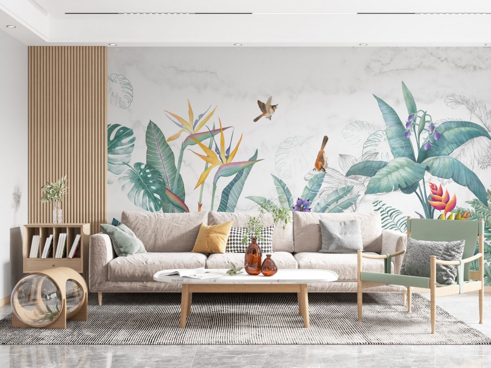 Beyaz Mermer Zeminli ve Renkli Egzotik Bitki Duvar Kağıdı