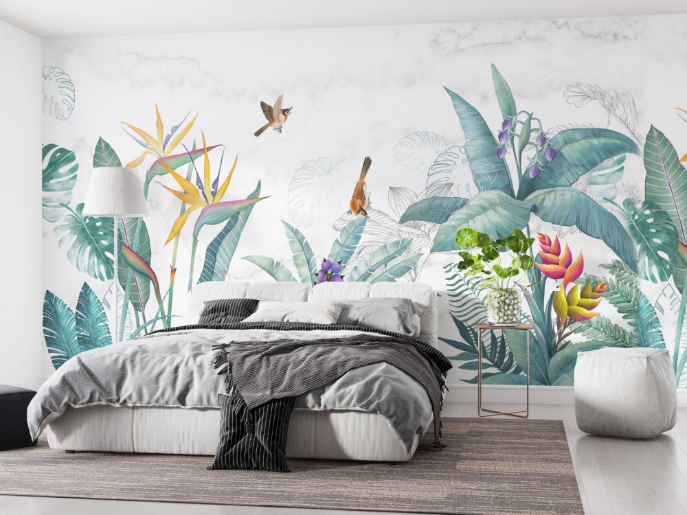 Beyaz Mermer Zeminli ve Renkli Egzotik Bitki Duvar Kağıdı