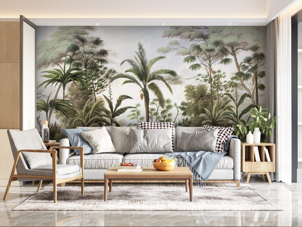 Soft Yeşil Tonlu Dev Tropikal Peyzaj Duvar Kağıdı