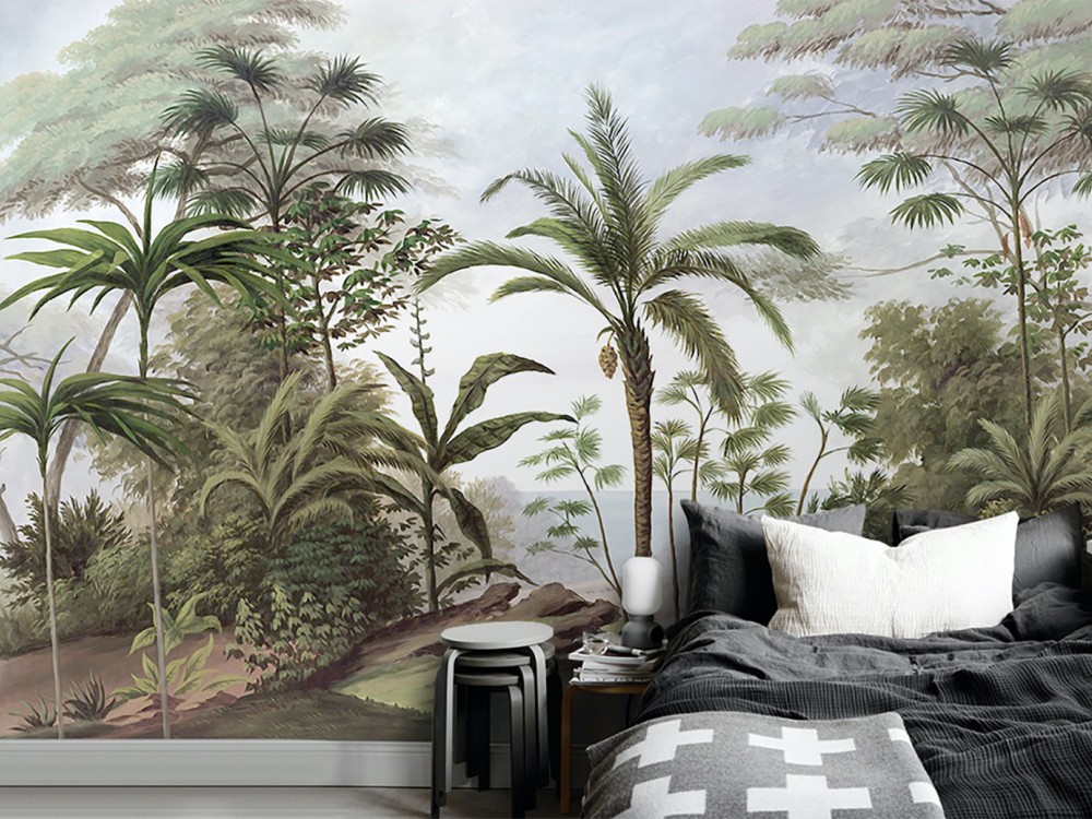 Soft Yeşil Tonlu Dev Tropikal Peyzaj Duvar Kağıdı