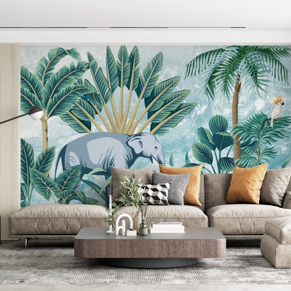 Mermer Dokulu Egzotik Fil ve Palmiye Temalı Panorama Duvar Kağıdı