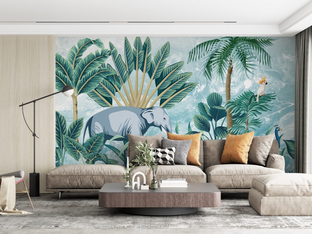 Mermer Dokulu Egzotik Fil ve Palmiye Temalı Panorama Duvar Kağıdı