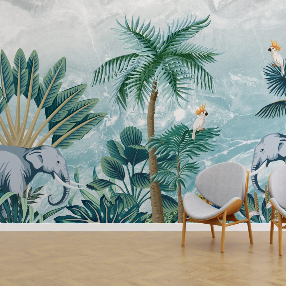 Mermer Dokulu Egzotik Fil ve Palmiye Temalı Panorama Duvar Kağıdı