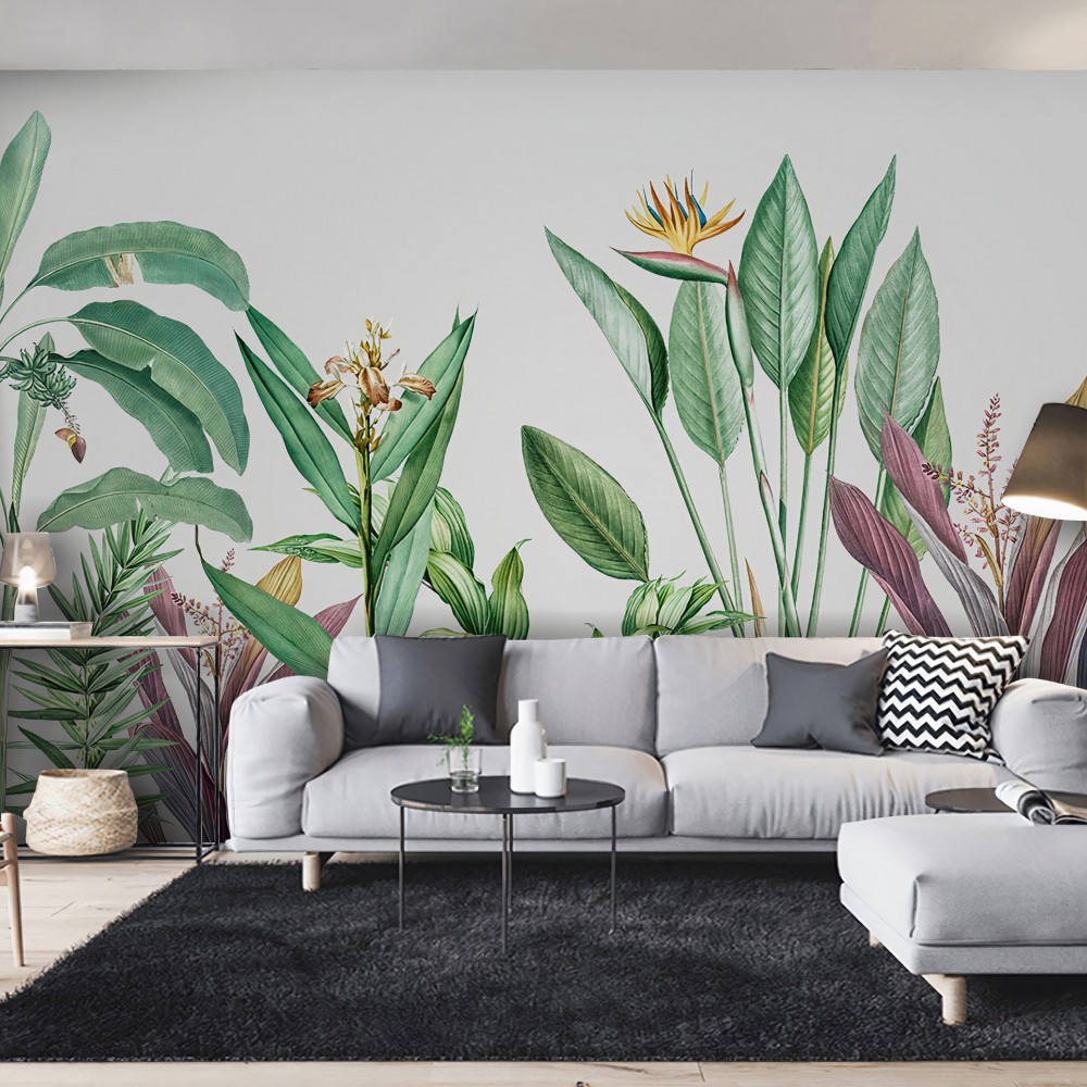 Beyaz Zeminli ve Büyük Formlu Egzotik Bitki Duvar Kağıdı