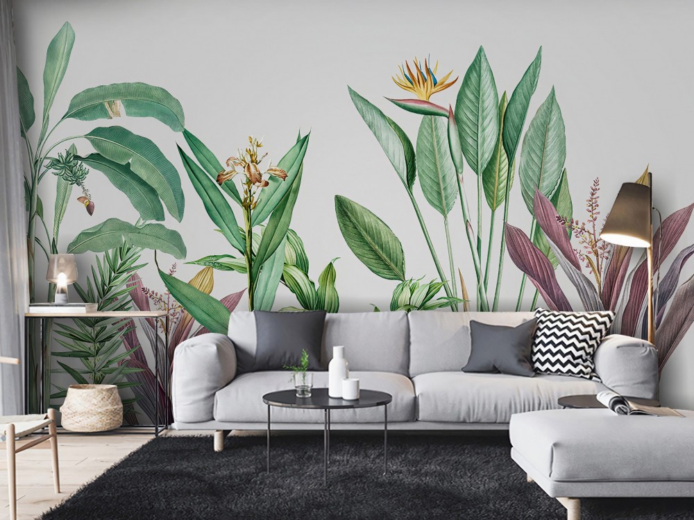 Beyaz Zeminli ve Büyük Formlu Egzotik Bitki Duvar Kağıdı