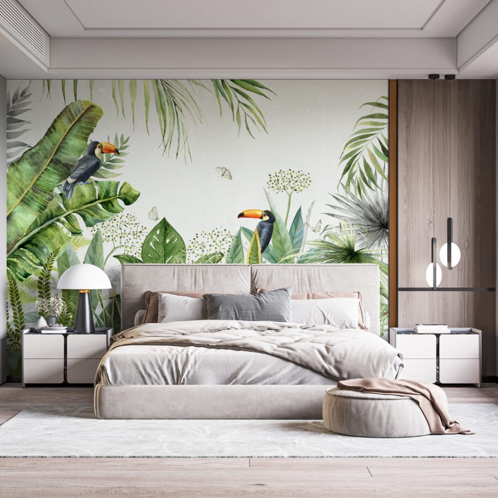 Egzotik Tukan Kuşlu ve Büyük Yaprak Desenli Duvar Kağıdı