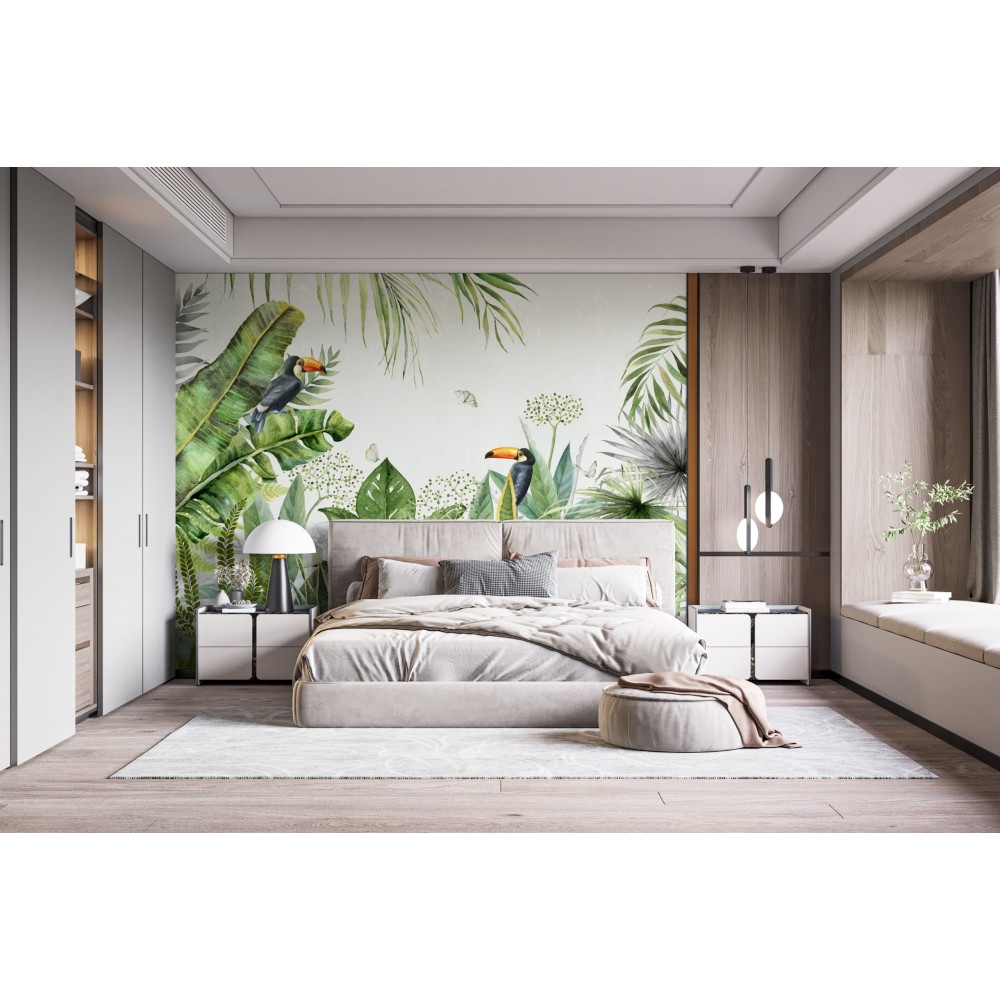 Egzotik Tukan Kuşlu ve Büyük Yaprak Desenli Duvar Kağıdı