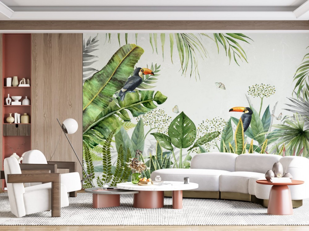 Egzotik Tukan Kuşlu ve Büyük Yaprak Desenli Duvar Kağıdı