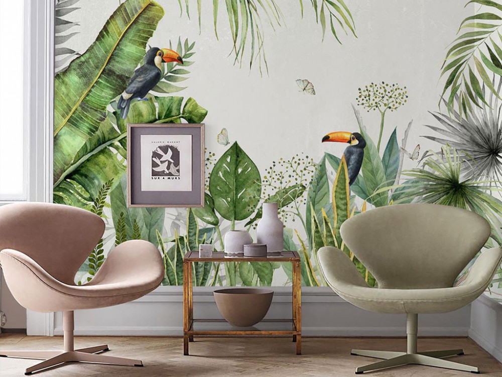 Egzotik Tukan Kuşlu ve Büyük Yaprak Desenli Duvar Kağıdı