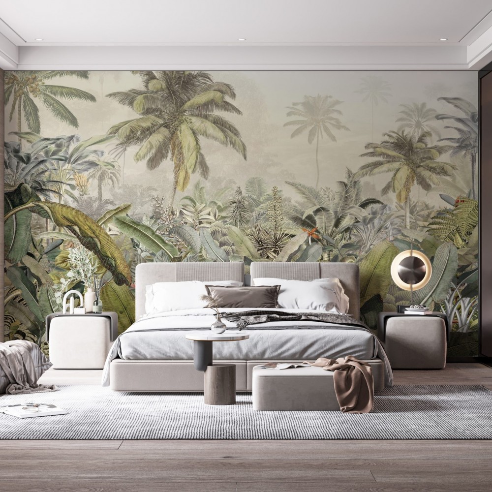 Eskitme Dokulu Egzotik Palmiye ve Orman Manzara Duvar Kağıdı