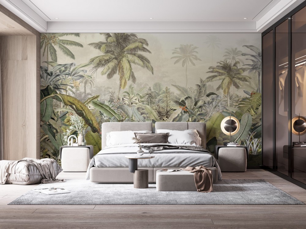 Eskitme Dokulu Egzotik Palmiye ve Orman Manzara Duvar Kağıdı