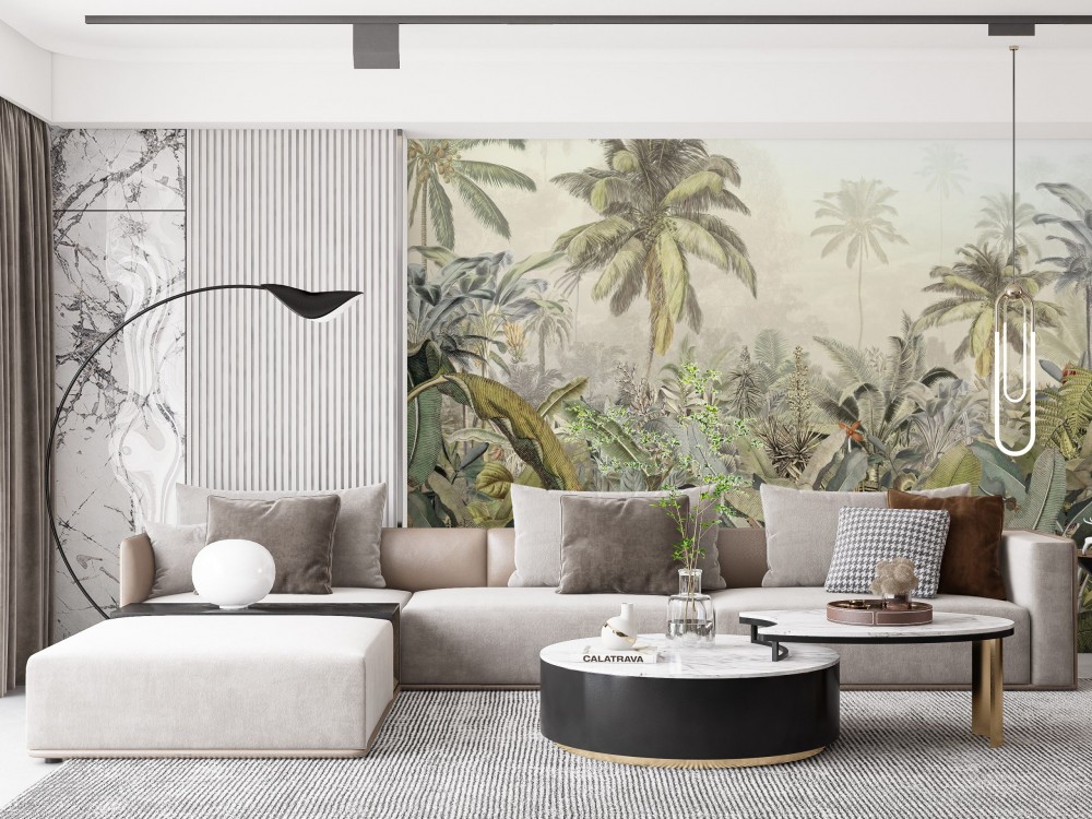 Eskitme Dokulu Egzotik Palmiye ve Orman Manzara Duvar Kağıdı