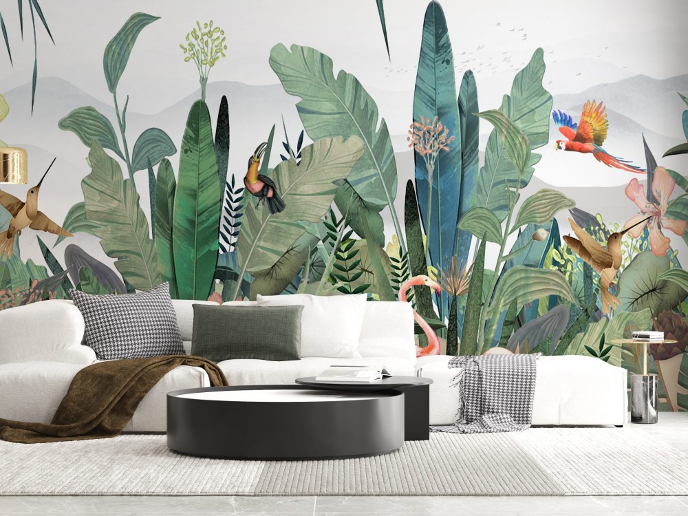Kolibri, Papağan ve Tukanlı Dev Botanik Duvar Kağıdı