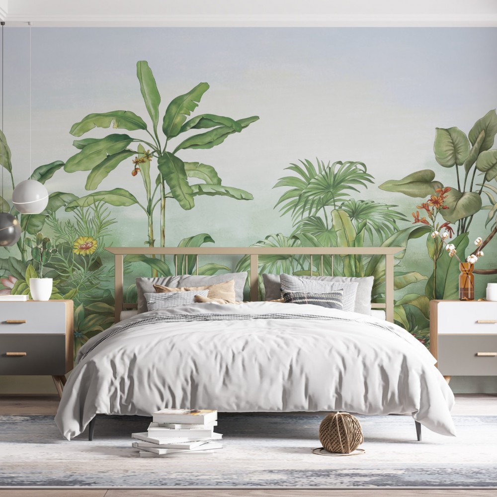 Sisli Orman Temalı ve Büyük Yaprak Desenli Sanatsal Duvar Kağıdı