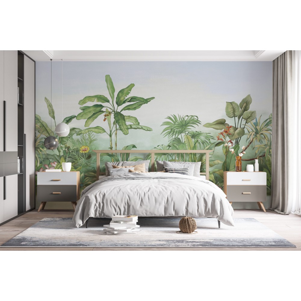 Sisli Orman Temalı ve Büyük Yaprak Desenli Sanatsal Duvar Kağıdı