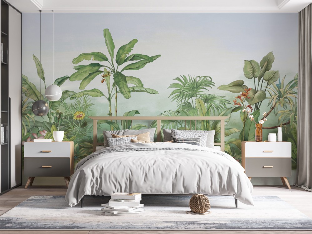 Sisli Orman Temalı ve Büyük Yaprak Desenli Sanatsal Duvar Kağıdı