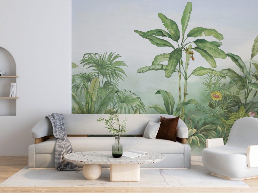 Sisli Orman Temalı ve Büyük Yaprak Desenli Sanatsal Duvar Kağıdı