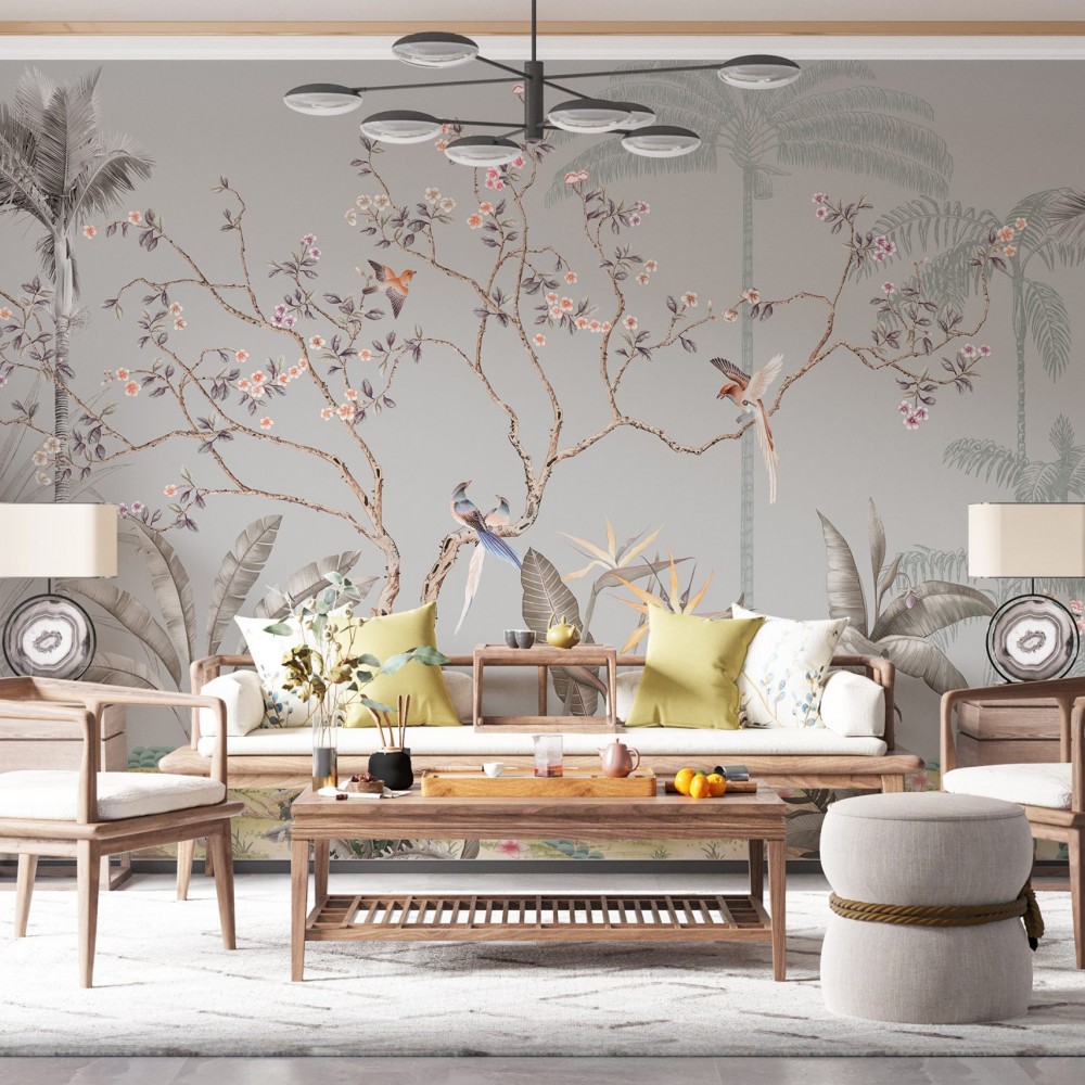Chinoiserie Tarzı  Gri Zeminli ve Egzotik Doğa İllüstrasyonlu Duvar Kağıdı