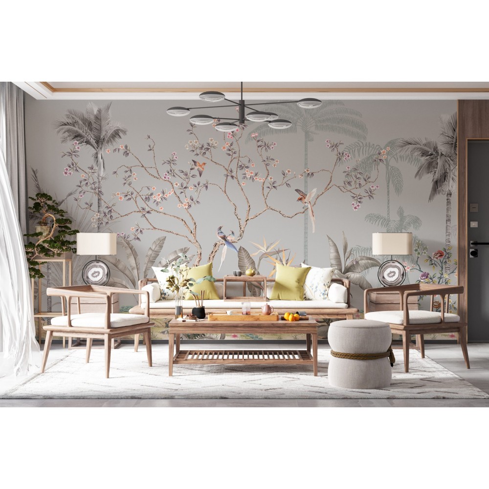 Chinoiserie Tarzı  Gri Zeminli ve Egzotik Doğa İllüstrasyonlu Duvar Kağıdı