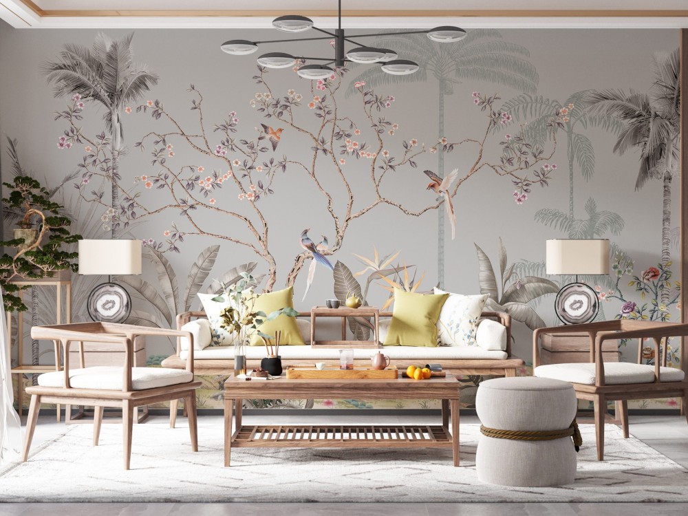 Chinoiserie Tarzı  Gri Zeminli ve Egzotik Doğa İllüstrasyonlu Duvar Kağıdı