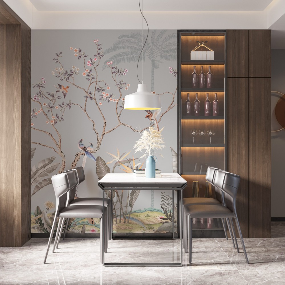 Chinoiserie Tarzı  Gri Zeminli ve Egzotik Doğa İllüstrasyonlu Duvar Kağıdı