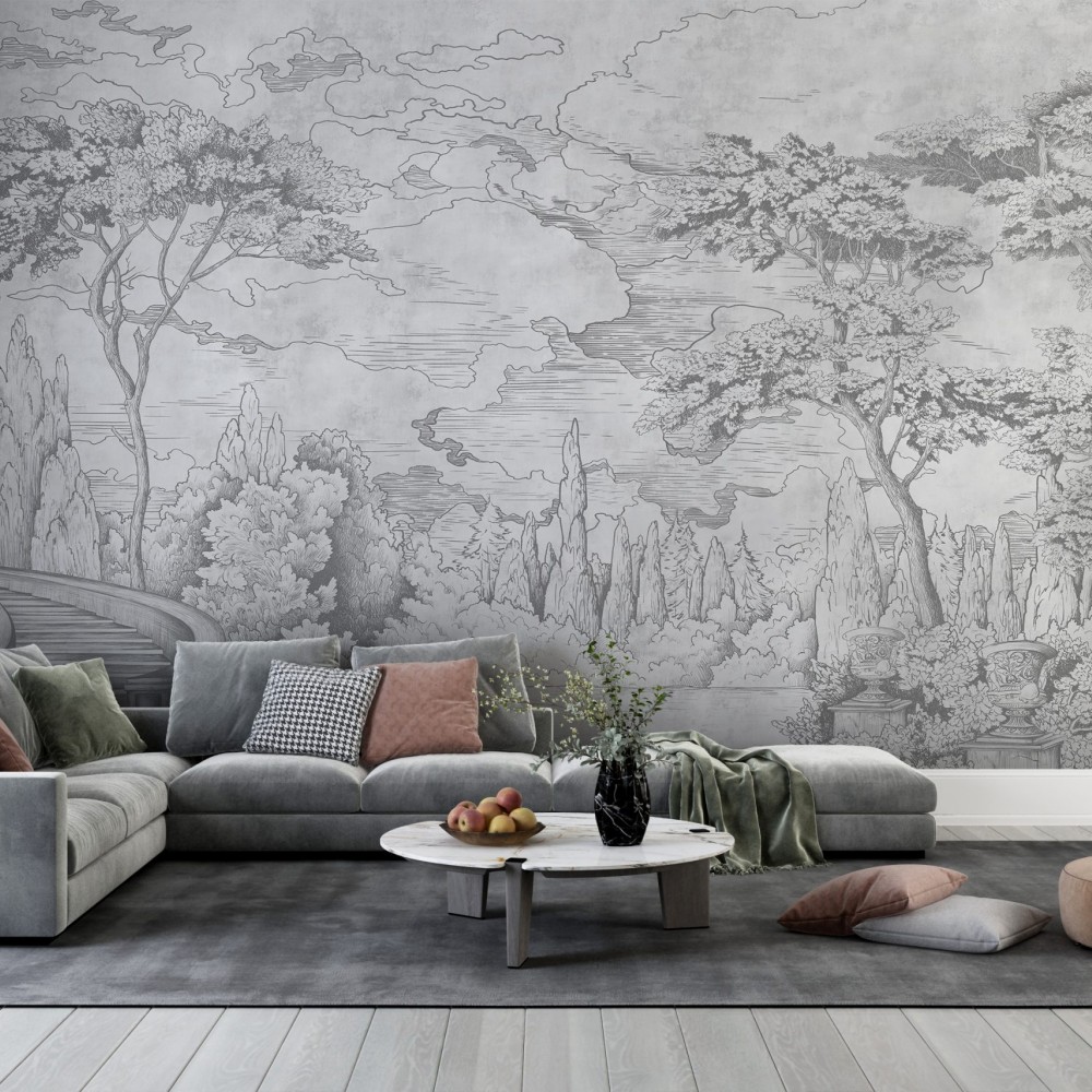 Gri Tonlu El Çizimi Orman ve Nehir Temalı Duvar Kağıdı