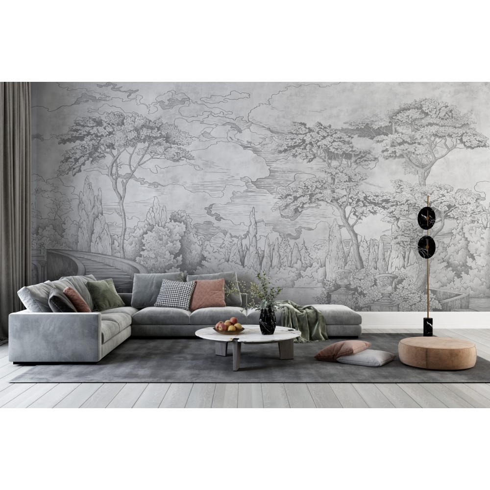 Gri Tonlu El Çizimi Orman ve Nehir Temalı Duvar Kağıdı