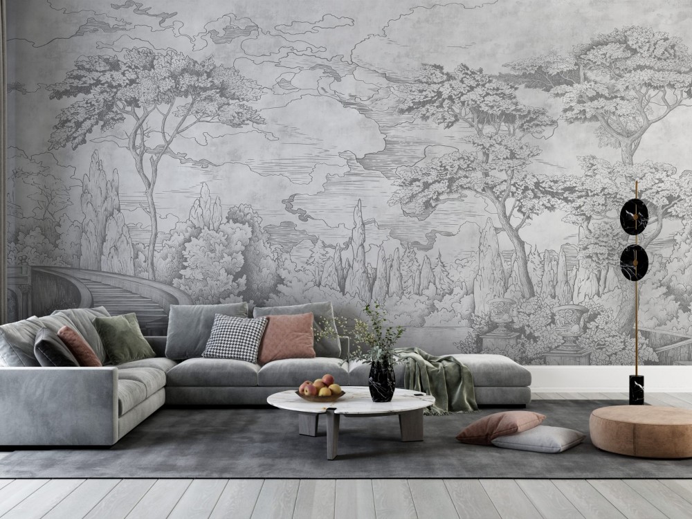 Gri Tonlu El Çizimi Orman ve Nehir Temalı Duvar Kağıdı