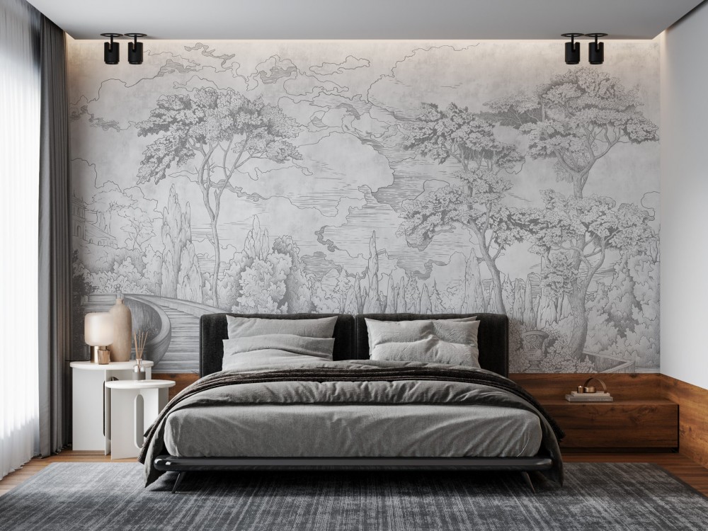 Gri Tonlu El Çizimi Orman ve Nehir Temalı Duvar Kağıdı