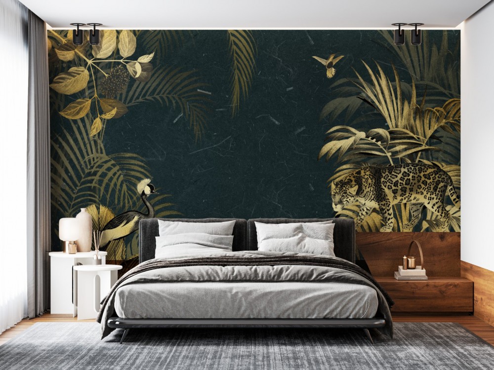 Gold Detaylı Leopar ve Egzotik Kuş Temalı Lüks Duvar Kağıdı