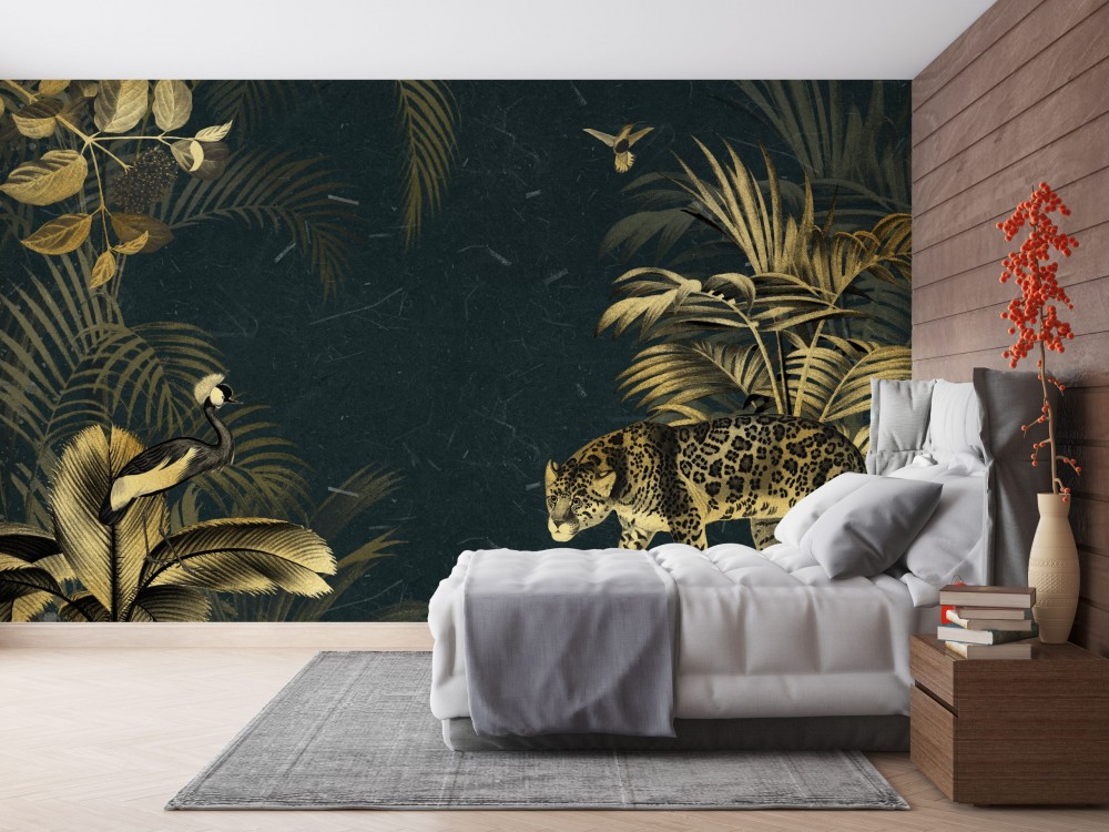 Gold Detaylı Leopar ve Egzotik Kuş Temalı Lüks Duvar Kağıdı