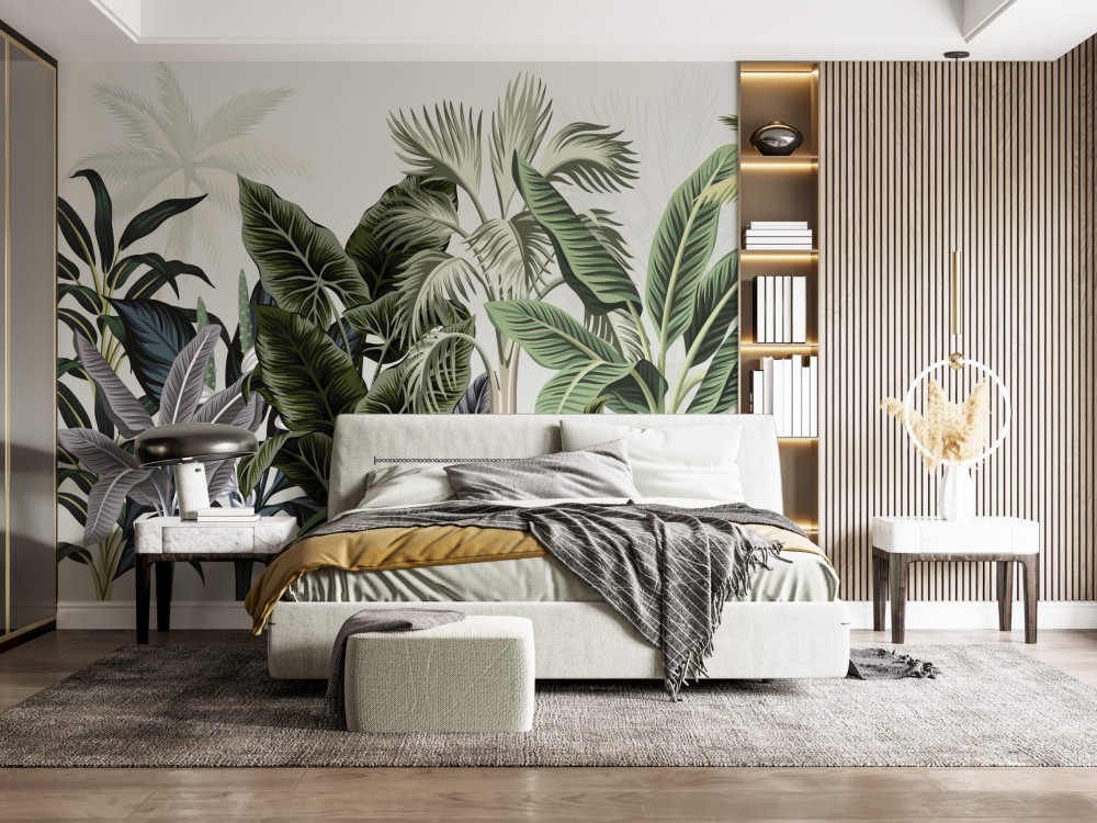 Büyük Ölçekli Modern Egzotik Yaprak Desenli Duvar Kağıdı