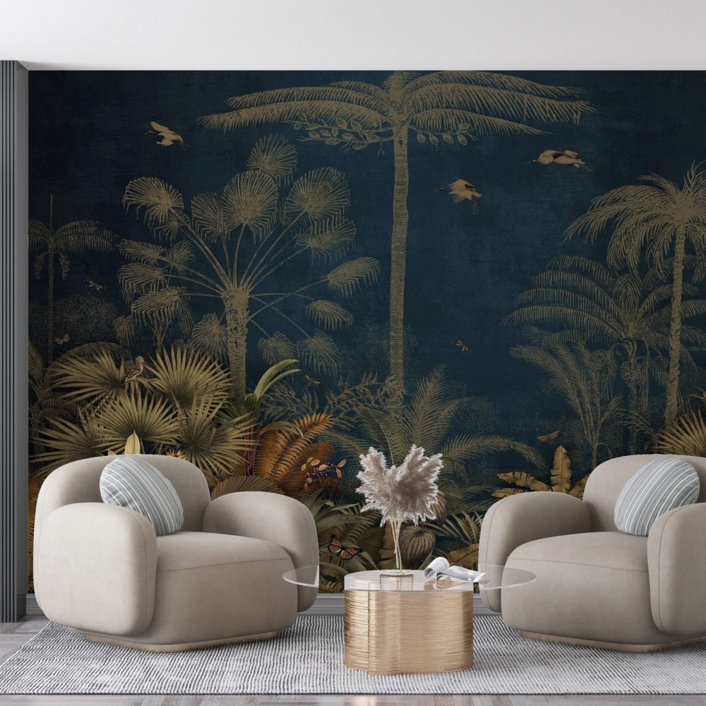 Gece Yarısı  Zeminli ve Altın Gravürlü Egzotik Orman Duvar Kağıdı