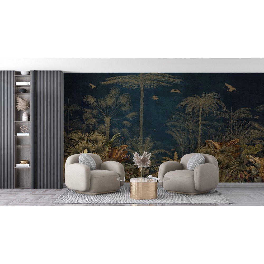 Gece Yarısı  Zeminli ve Altın Gravürlü Egzotik Orman Duvar Kağıdı