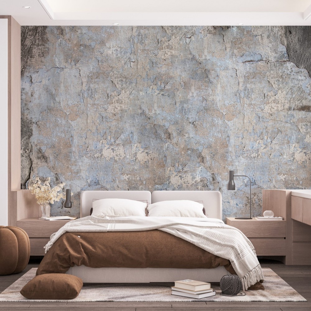 Mavi ve Gri Eskitme Beton Görünümlü Sanatsal Duvar Kağıdı