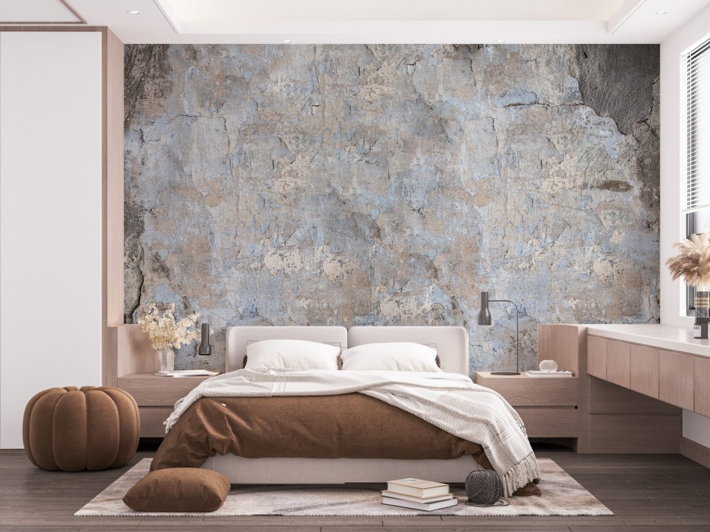 Mavi ve Gri Eskitme Beton Görünümlü Sanatsal Duvar Kağıdı