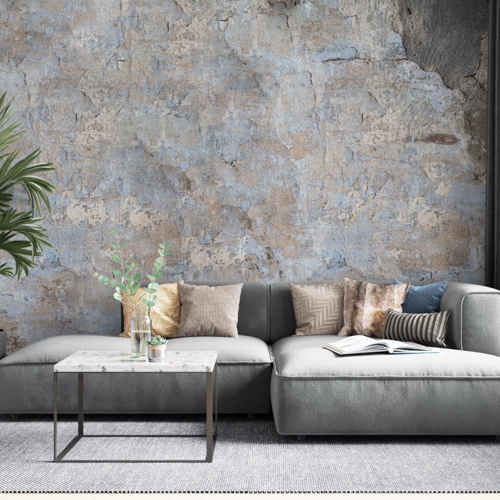Mavi ve Gri Eskitme Beton Görünümlü Sanatsal Duvar Kağıdı